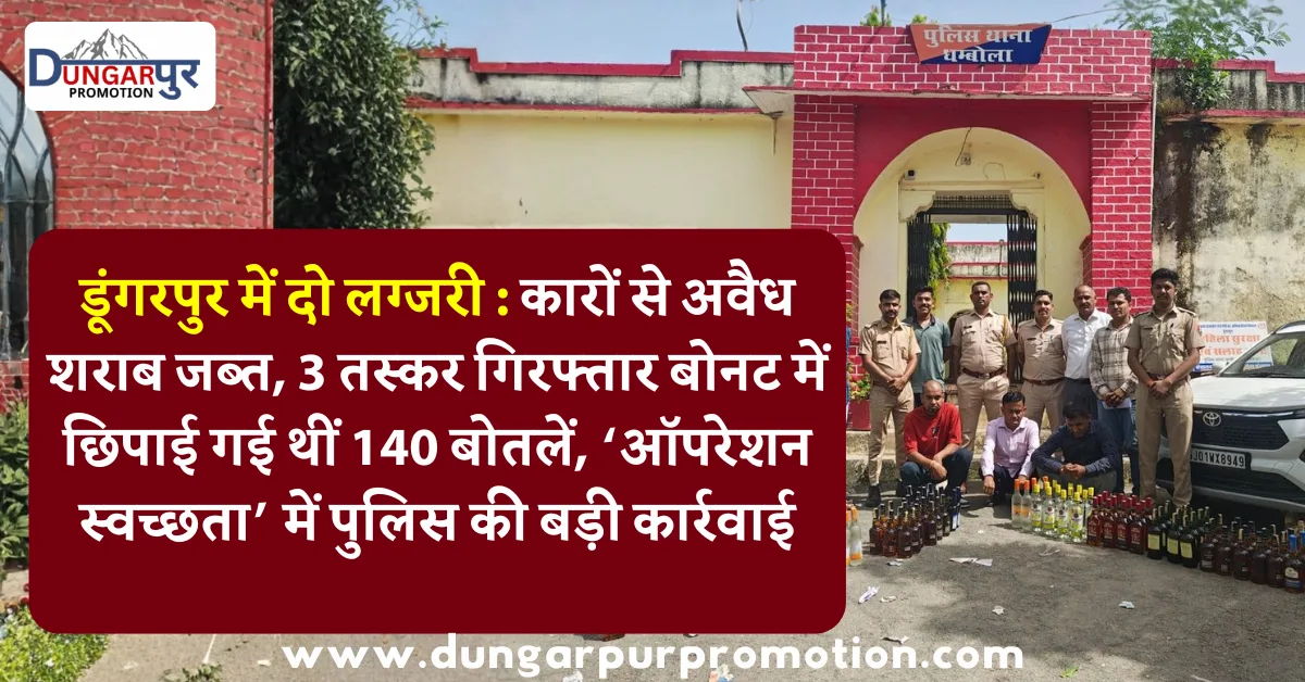 डूंगरपुर में दो लग्जरी : कारों से अवैध शराब जब्त, 3 तस्कर गिरफ्तार बोनट में छिपाई गई थीं 140 बोतलें, ‘ऑपरेशन स्वच्छता’ में पुलिस की बड़ी कार्रवाई